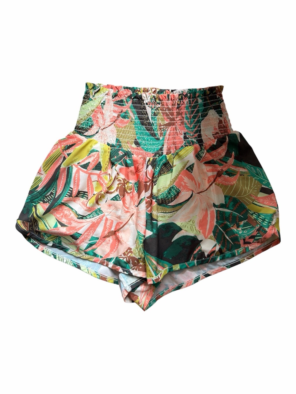 aerie Tropical Floral Smocked Waist Athletic Shorts - Coral, Green & Yellow